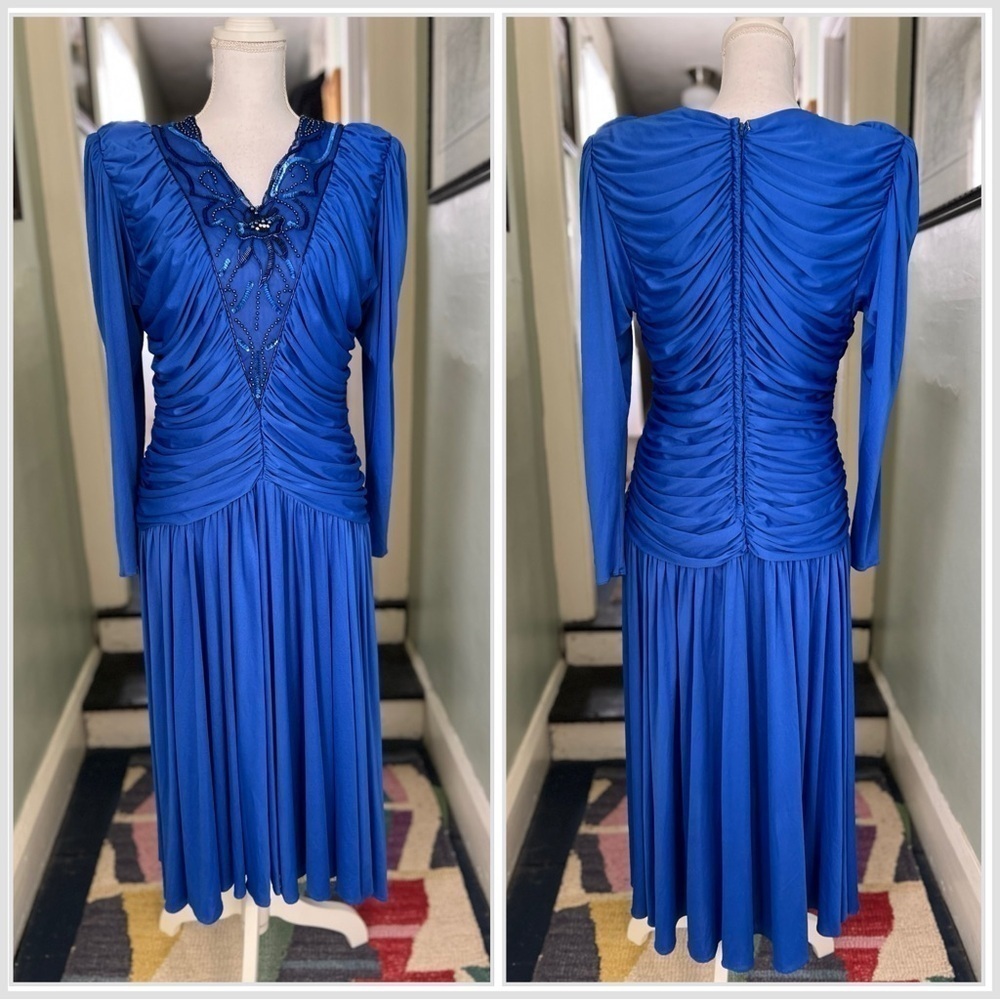 Vintage Claralura Royal Blue Disco Sequin Beaded Midi Dress 14 Ruching 70s 80s